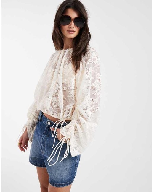 & Other Stories Blue Long Sleeve Lace Bouse