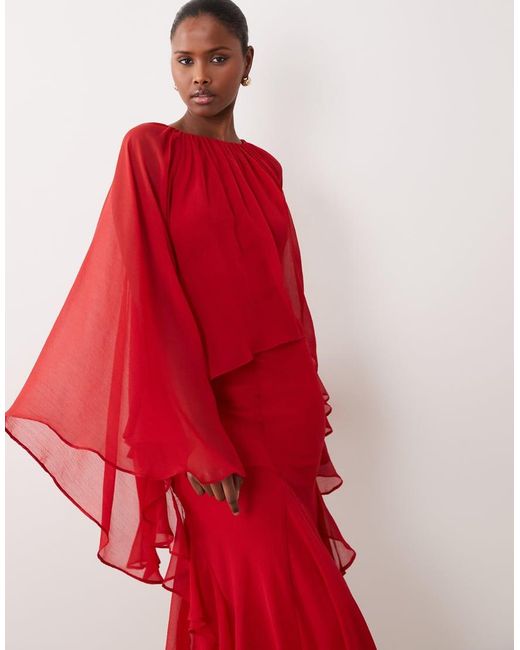 ASOS Red Full Cape Sleeve Maxi Dress With Ruffles