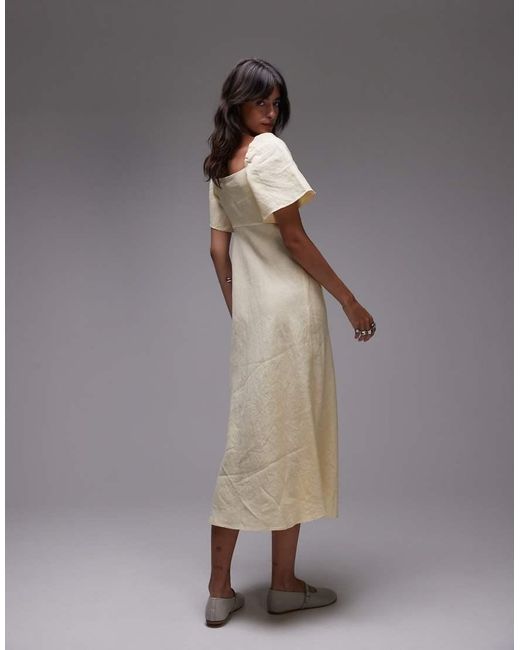 & Other Stories Gray Linen Puff Sleeve Midaxi Dress With Twist Sweetheart Neckline