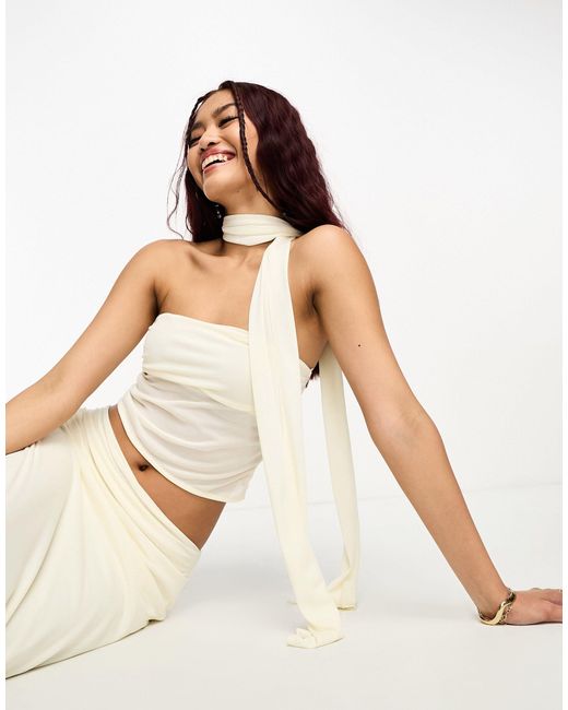 Pull&Bear White Ruched Mesh Top With Neck Tie Co-ord