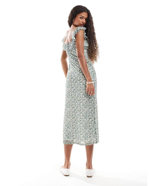 New Look Green Ditsy Frill Sleeve Mesh Midi Dress