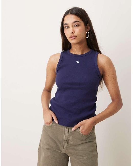 Calvin Klein Blue Monogram Waffle Racer Tank Top