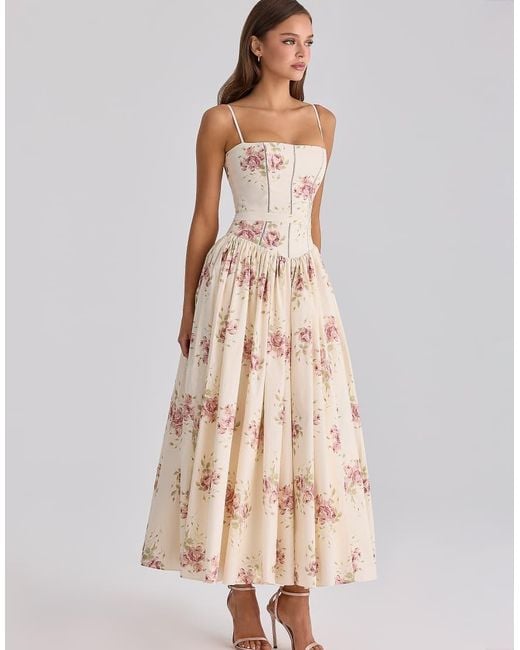 House Of Cb Natural Ysabella Ivory Vintage Rose Print Cotton Midi Sundress