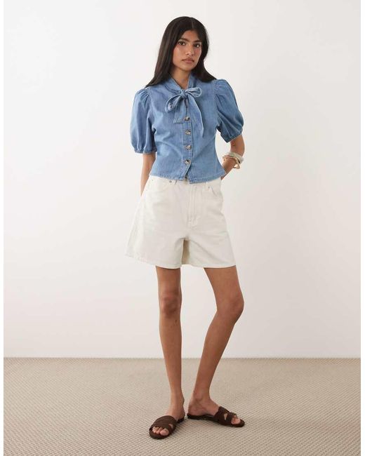 Miss Selfridge Blue Tie Neck Puff Sleeve Denim Top