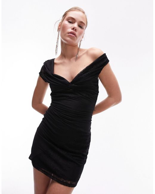 TOPSHOP Black Sheer And Lace Mix Knot Front Bodycon Mini Dress