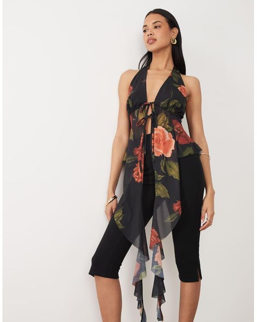ASOS Natural Printed Stretch Chiffon Ruffle Top