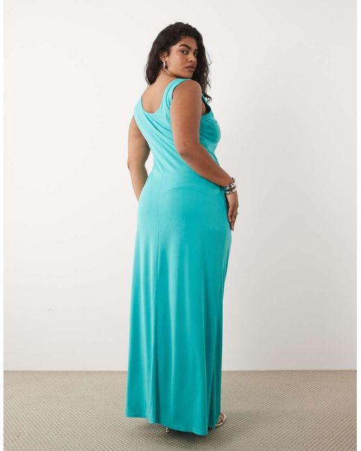 Tfnc Plus Blue Slinky Scoop Neck Knot Detail Split Maxi Dress