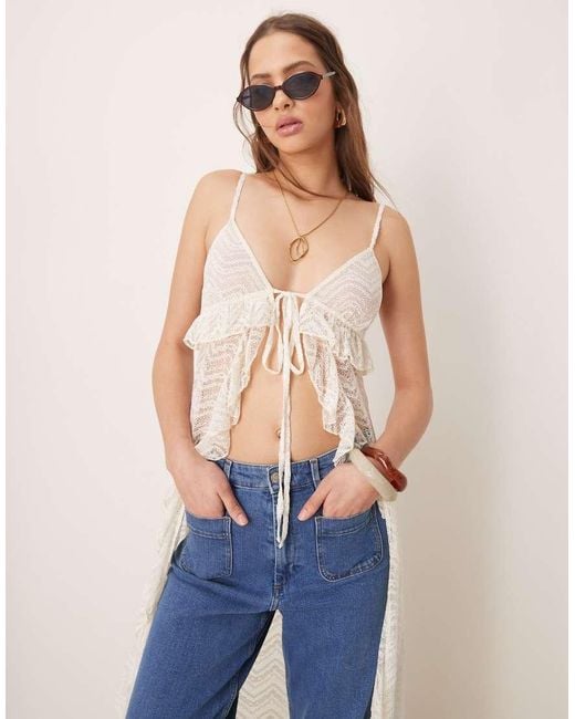 ASOS Blue Longline Slit Front Sheer Lace Ruffle Cami Top