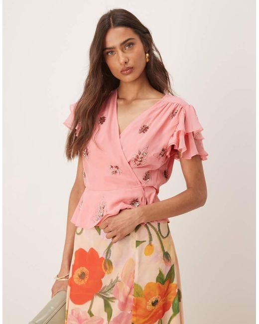 Hope & Ivy Pink Ruffle Sleeve Embellished Wrap Top