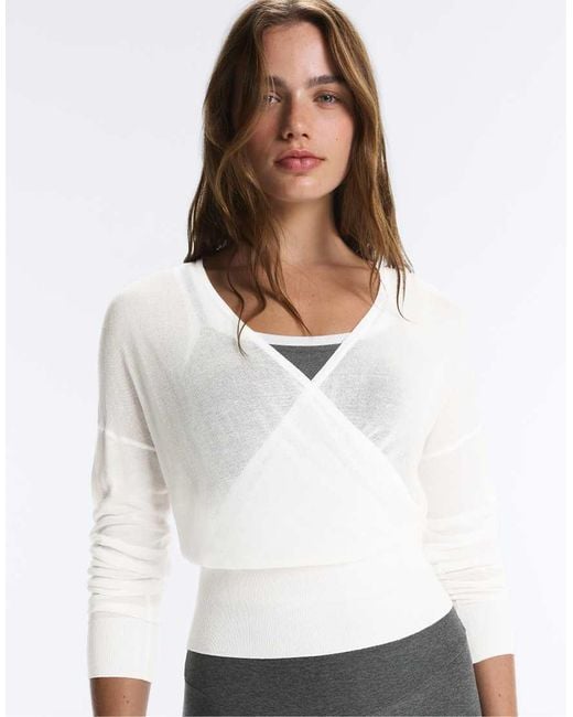 Oysho White Sheer Crossover Long-sleeved T-shirt