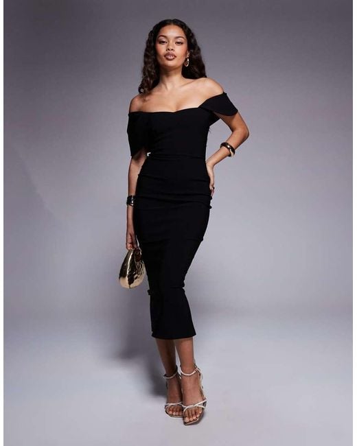 Vesper Petite Black Bengaline Bardot Drape Sleeve Detail Midaxi Dress