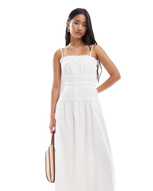 Miss Selfridge Poplin Maxi-Jurk Met Gesmokt Lijfje En Knoopsluiting in het White