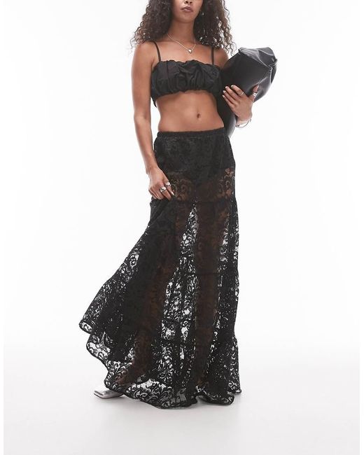 TOPSHOP Black Sheer Lace Tiered Maxi Skirt