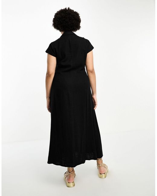 ASOS Black Asos Design Curve Linen Cap Sleeve Shirt Midi Dress With Pin Tucks