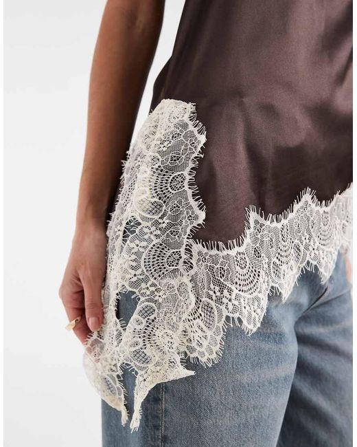 Noisy May Brown Halterneck Satin Top With Lace Details