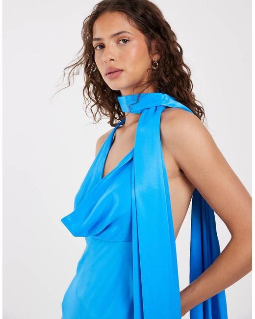ASOS Blue Satin Scarf Cowl Neck Maxi Dress