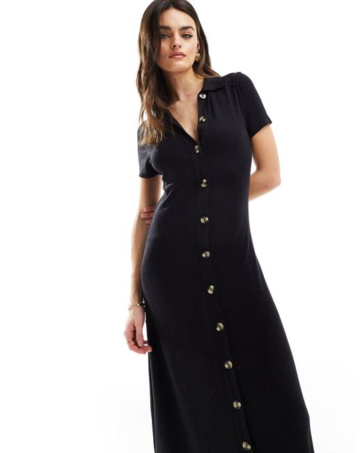 ASOS Black Collared Linen Look Maxi Tea Dress With Button Front