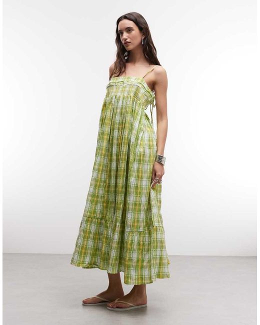 Reclaimed Vintage Green Maxi Cami Smock Dress With Ruffles And Bow Straps