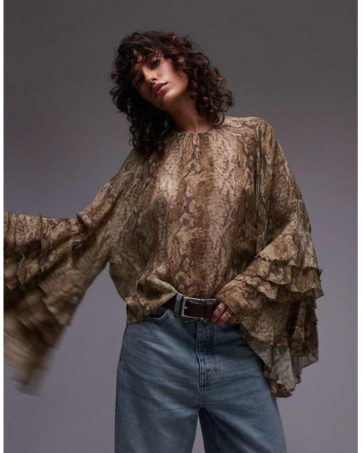 Mango Brown Snake Print Ruffle Sleeve Blouse