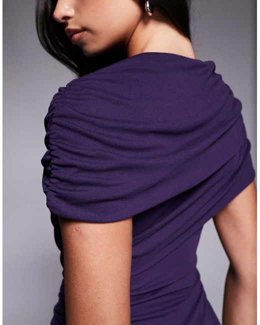 Forever New Purple Mesh Ruched Cape Shoulder Detail Midi Dress