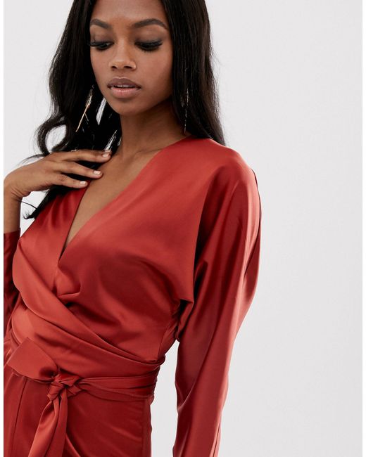 asos design midi dress with batwing sleeve and wrap waist in satin
