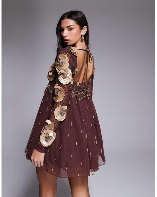 ASOS Purple Embellished Dropped Pearl Mini Dress With 3D Flowers