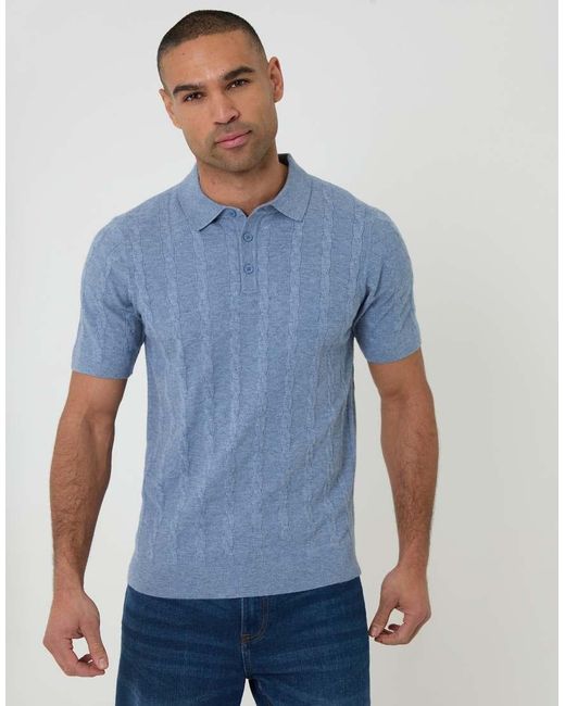 Threadbare Blue Cable Stripe Knitted Button Polo for men