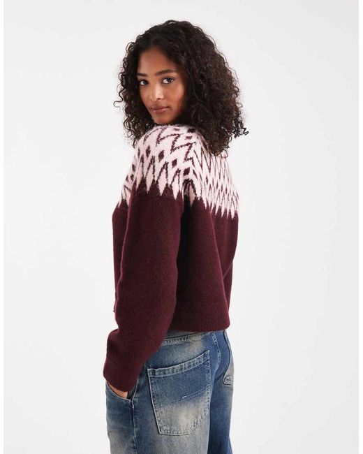 New Look Red Fair Isle Crew Neck Cardigan