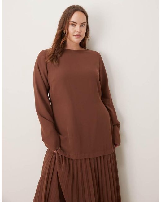 ASOS Brown Asos Design Curve Long Sleeved Pleated Skirt Maxi Dress