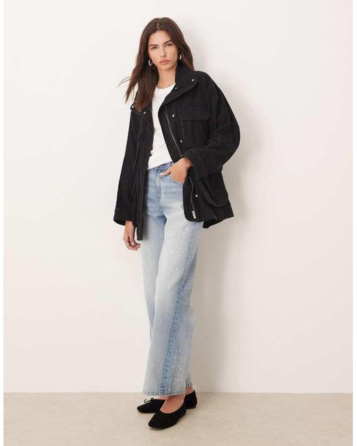 Chaqueta Larga Negra Con Detalle De Bolsillo 100% De Algodón De Mango de color Black