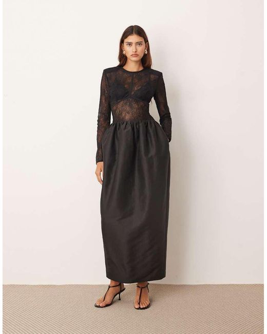 ARRANGE Natural Long Sleeve Lace And Bonded Satin Maxi Dress