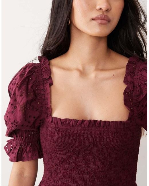 Miss Selfridge Red Puff Sleeve Broderie Maxi Dress