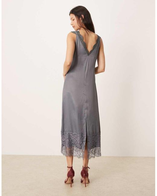 ASOS Gray Lace Detail V Neck Satin Maxi Dress