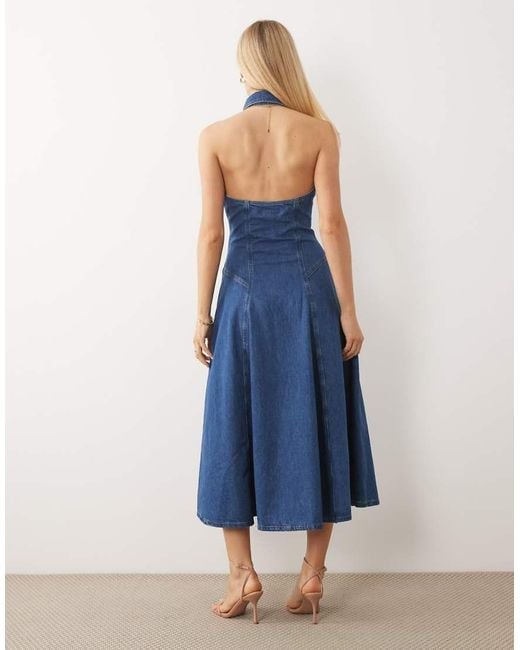 ASOS Blue Denim Pleated Midi Dress With Heart Buttons