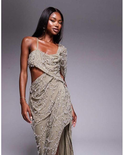 ASOS Gray Draped Off Shoulder Bandeau Maxi Dress With Beaded Embellishment
