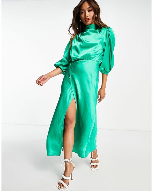 ASOS Pleat Cowl Neck Satin Midi Tea Dress With Puff Sleeve in Emerald ...