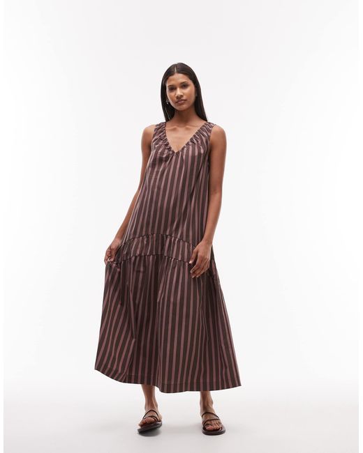 TOPSHOP Brown Dropped Waist Chuck On Poplin Midi Dress
