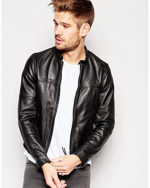 Replay Black Leather Jacket Zip Front for men
