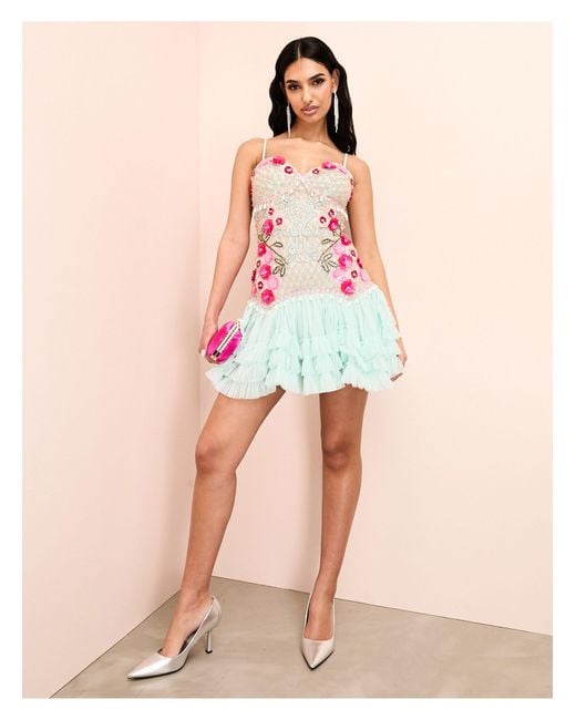 ASOS Multicolor 3d Floral Pearl Embellished Mini Dress With Tulle Skirt