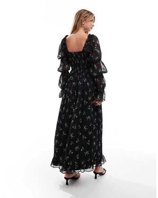 ASOS Black Milkmaid Long Sleeve Sleeve Shirred Waist Midi Dress