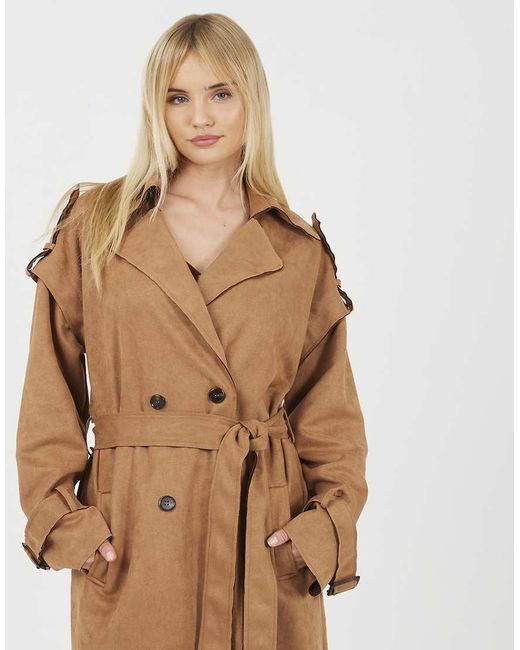 Brave Soul Natural Faux Suede Double Breasted Trench Coat