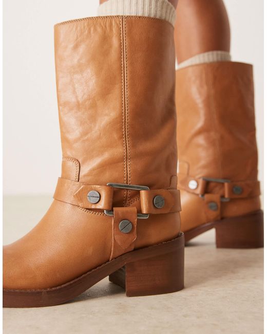 ASOS Natural Colton Premium Leather Harness Trucker Knee Boots