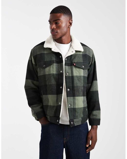 Levi's Gray Relaxed Fit Block Check Sherpa Trucker Jacket for men