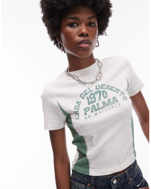 T-shirt à empiècements en dentelle et imprimé palma TOPSHOP en coloris White