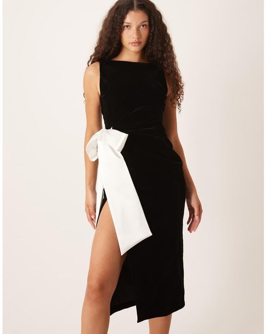 Hope & Ivy Natural Midi Dress With Contrast Satin Bow