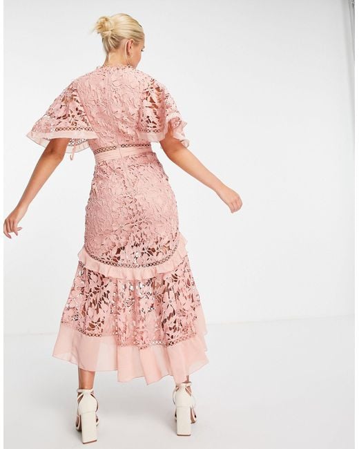 ワンピース PINK LACE PEPLUM MIDI DRESS Pink Lace Peplum Midi Dress – self-portrait-US
