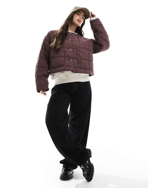 ASOS Purple Crop Collarless Quilted Jacket