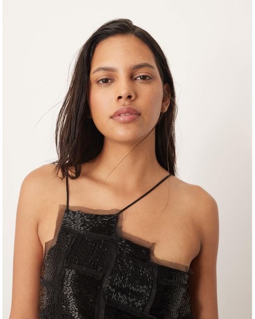 ARRANGE Blue Embellished Asymmetric Top With Raw Edge