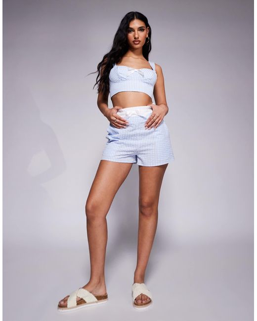 Exclusivité - - short d'ensemble en crépon avec taille style caleçon détail nœud - vichy Kaiia en coloris White