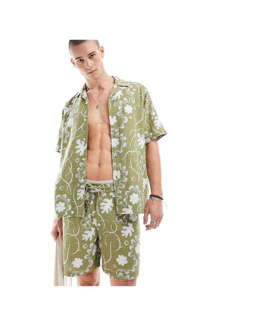 ASOS Green Co-ord Wide Fit Shorts With Floral Print And Elasticated Waist for men